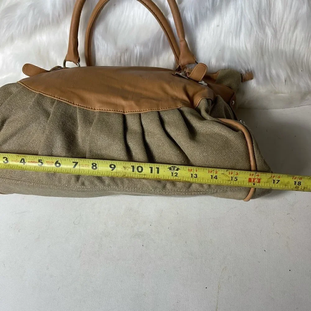 Cato canvas khaki & tan faux leather satchel  with silver tone hardwares .